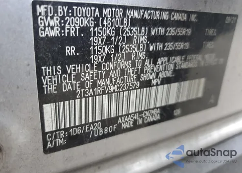 2021 Toyota Rav4 Xle Premium z USA, uszkodzony, nr VIN 2T3A1RFV9MC237579